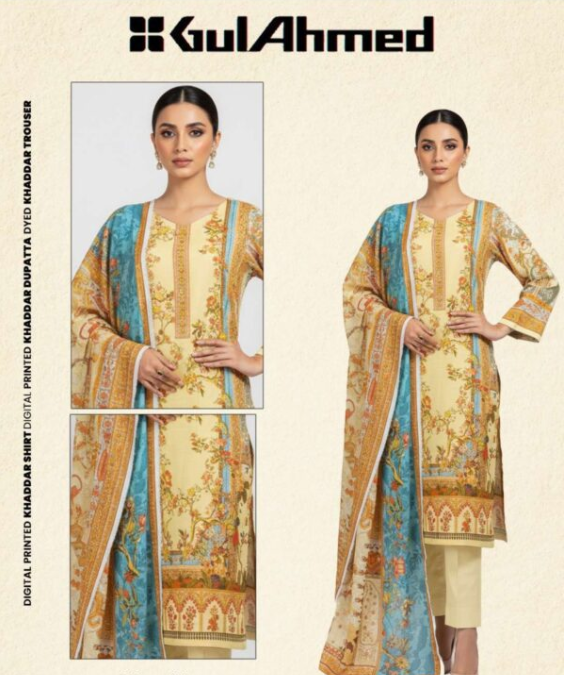 Gul ahmed 3 Piece Unstitched Printed Khaddar Suit.