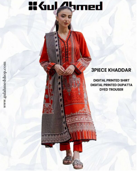 Gul ahmed 3 Piece Unstitched Printed Khaddar Suit.