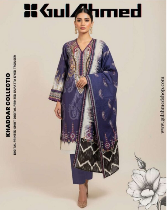 Gul ahmed 3 Piece Unstitched Printed Khaddar Suit.